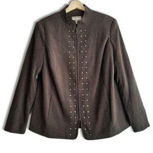 TANJAY / Faux Suede Full-Zip Jacket Blazer Studded Details Brown Sz M